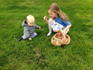 Easter egg hunting with cousin Molly.